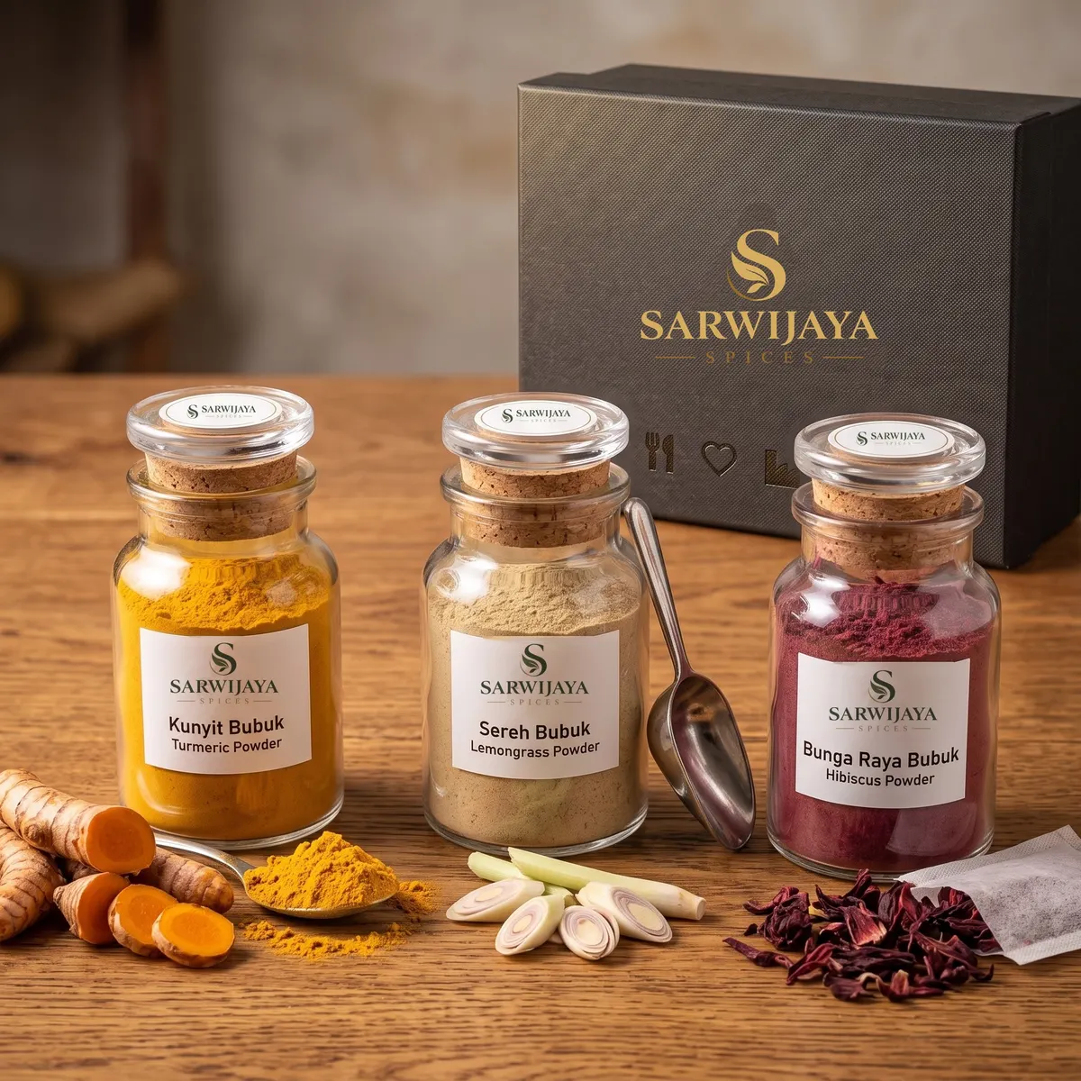 Turmeric, ginger and rosella powder in glass jars